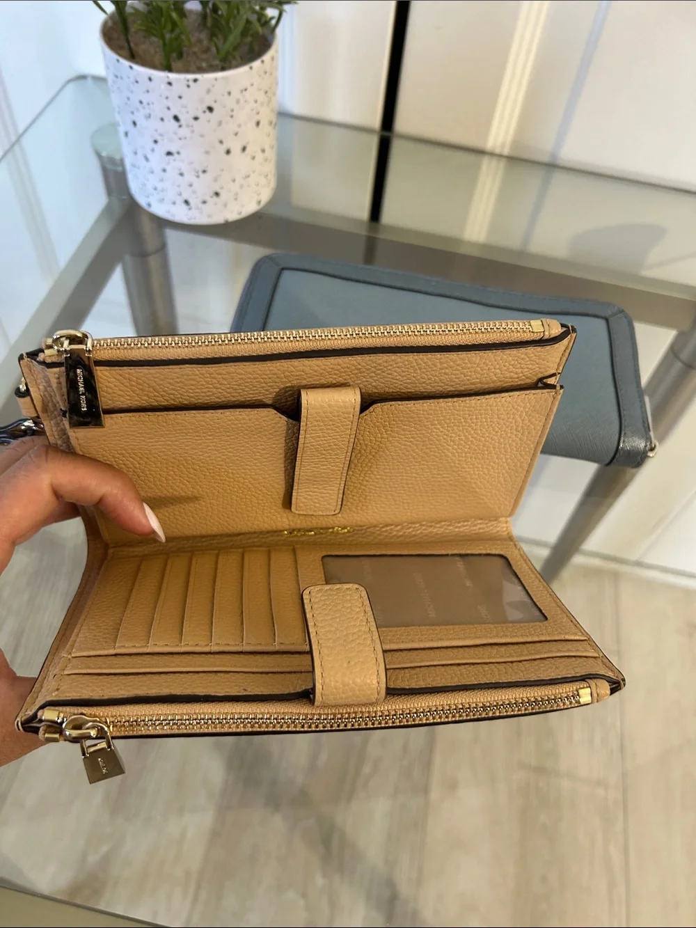 Michael Kors Blue Wallet and Tan Wristlet Set